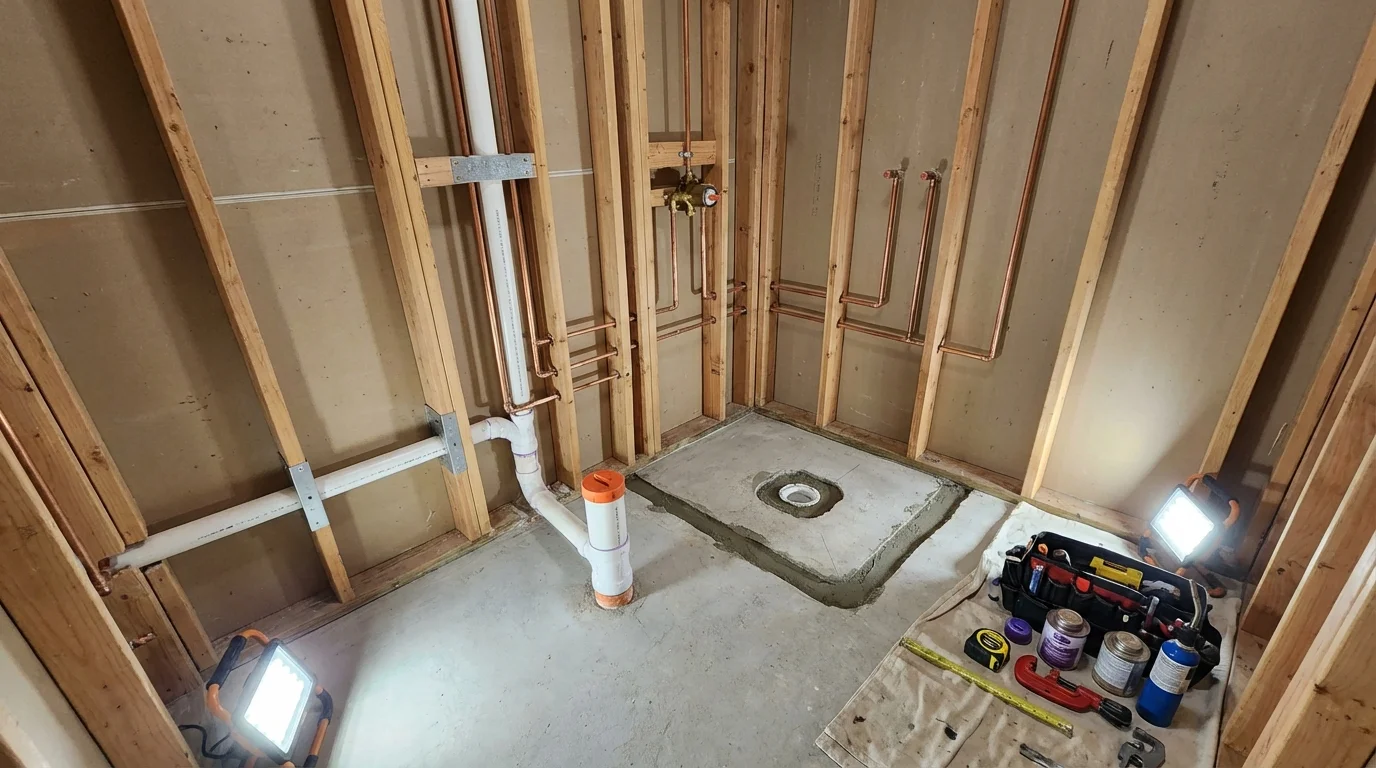 Bathroom rough-in plumbing during remodel by Johns Plumbing LLC in New Paltz