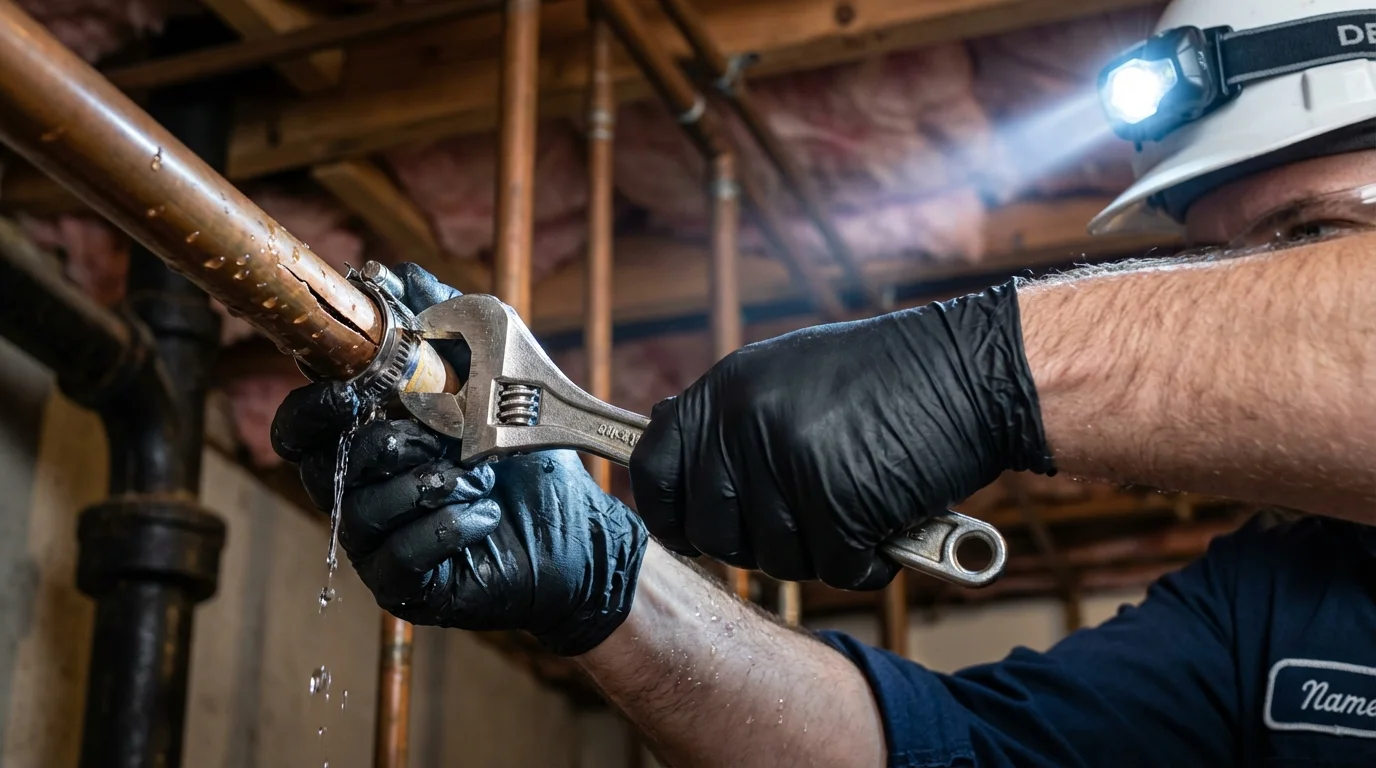 Emergency pipe clamp repair being performed by a Johns Plumbing LLC plumber in New Paltz