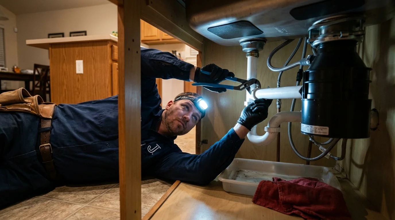 P-trap and supply line connections under a kitchen sink showing a common leak point in New Paltz, NY